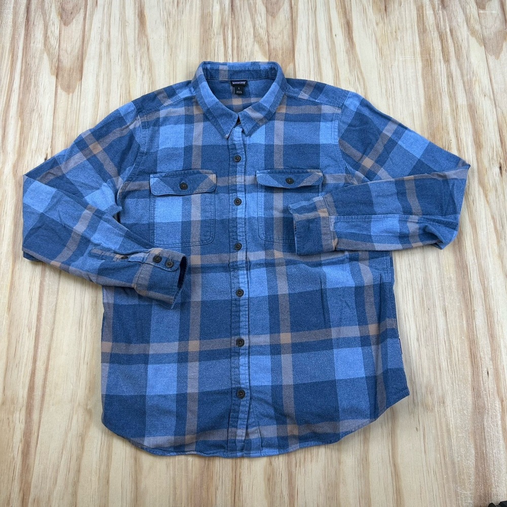Patagonia Women's Large Organic Cotton Blue Plaid Flannel Shirt Button Up